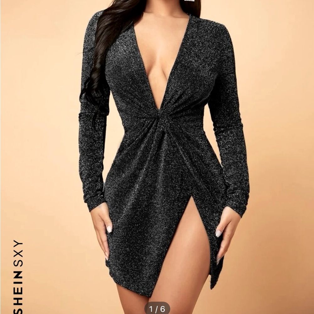 Deep V-Neck Twist Front Wrap Glitter Dress